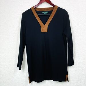 Ralph Lauren Green Label Womens Black Vneck with Beige Suede Collar Large Tunic
